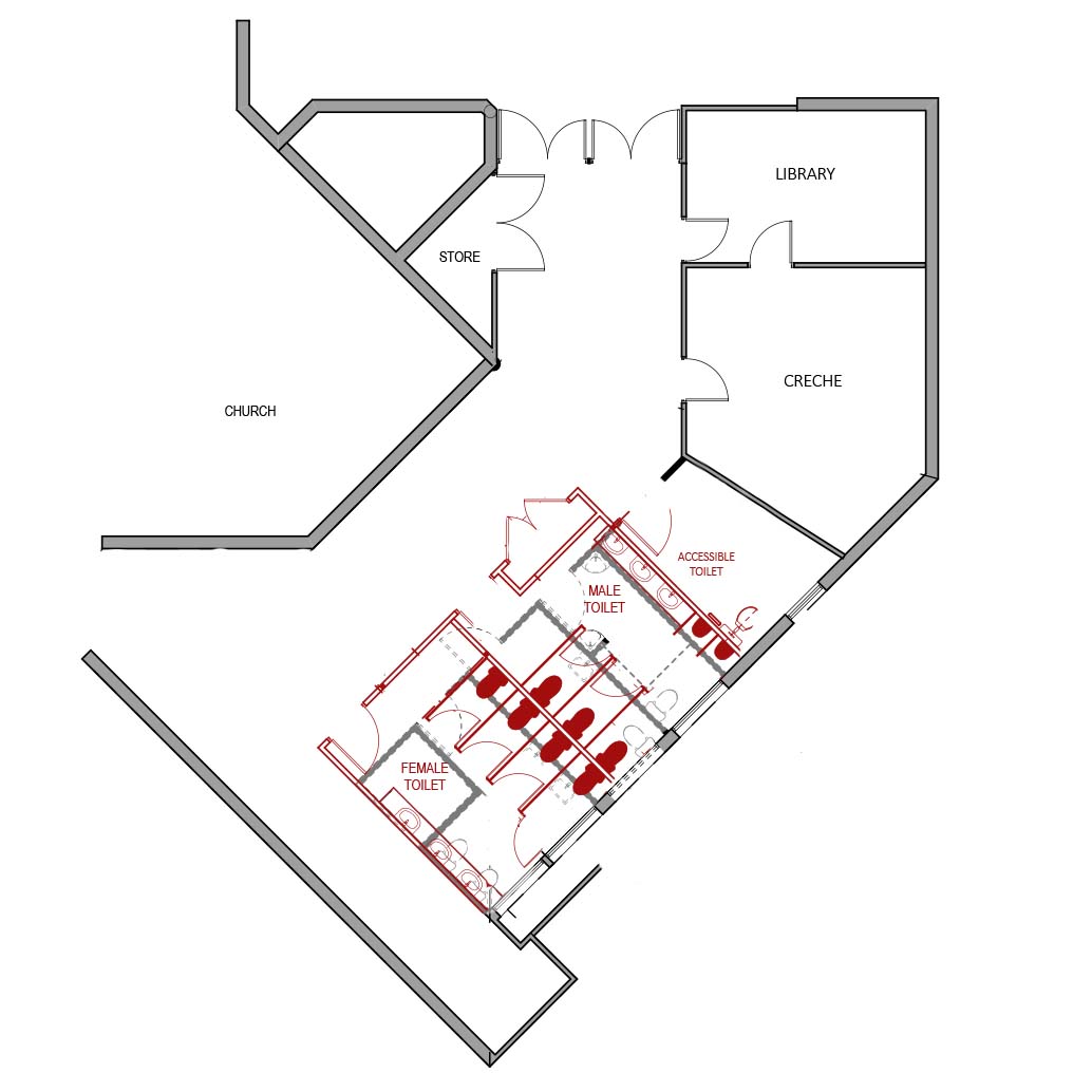 A set of site plans showing an increased footprint of the new toilet refurbishment
